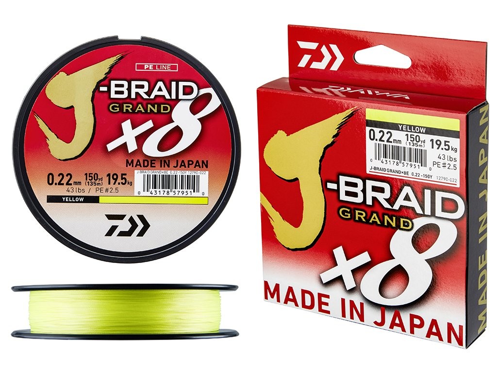 Леска плетеная "J-Braid Grand X8", 0.22мм, 135м, желтый